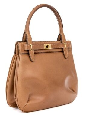 Rare Vintage Gucci Lady Lock Top Handle Bag Tan Leather Italy